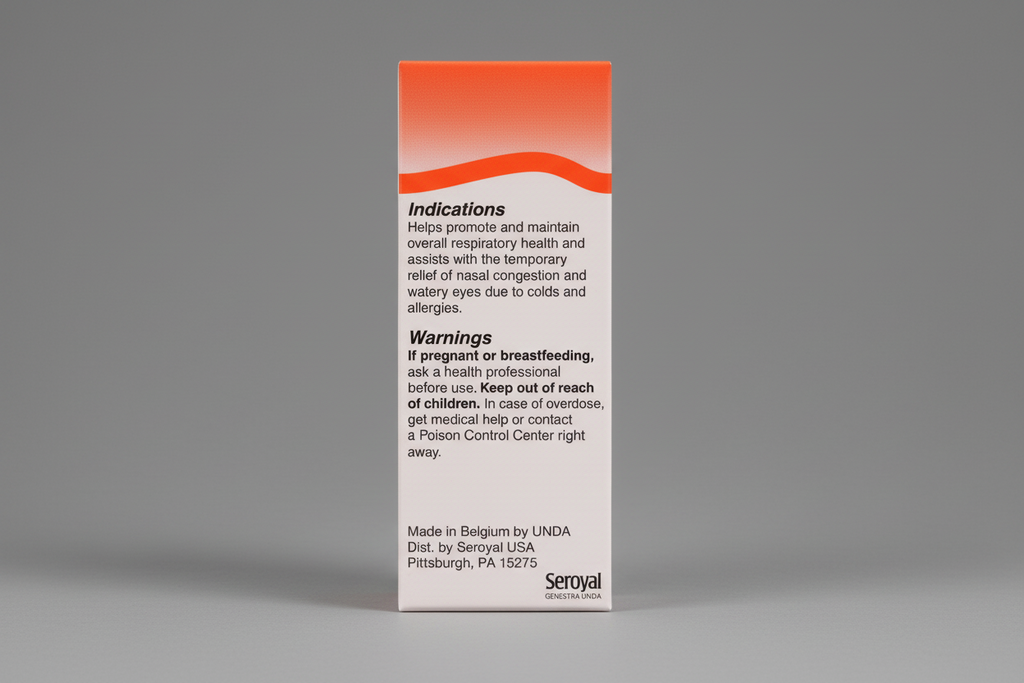 Product label with text on respiratory health, warnings, and branding