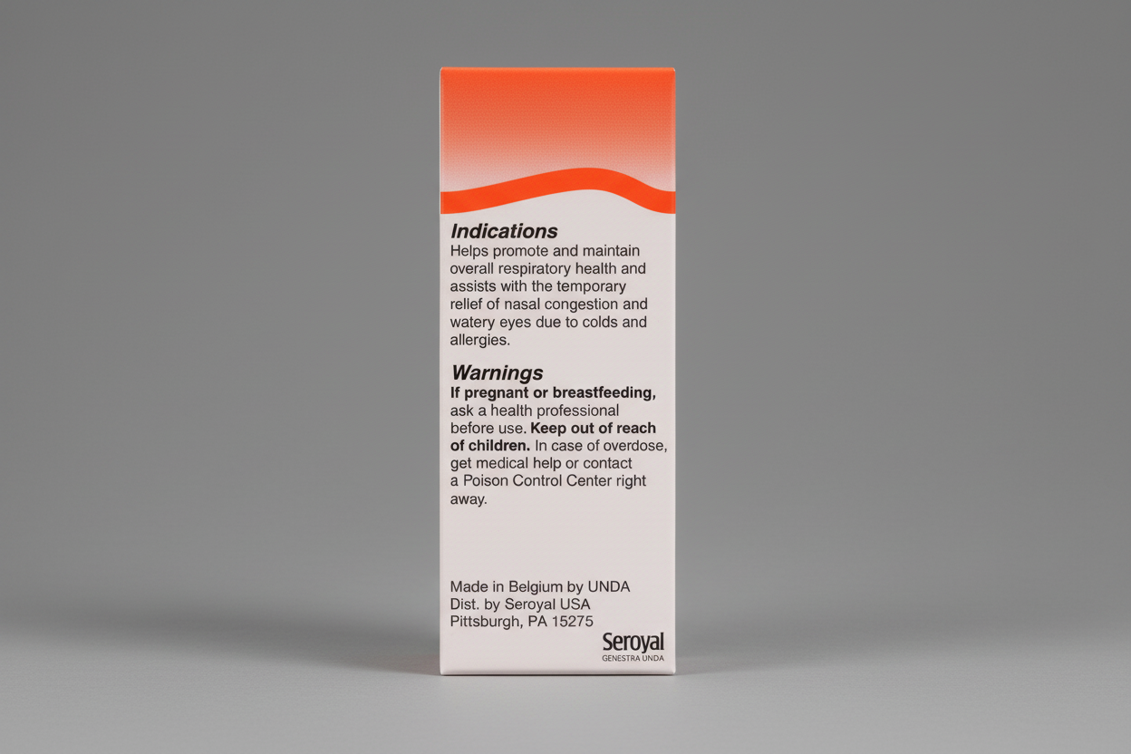Product label with text on respiratory health, warnings, and branding