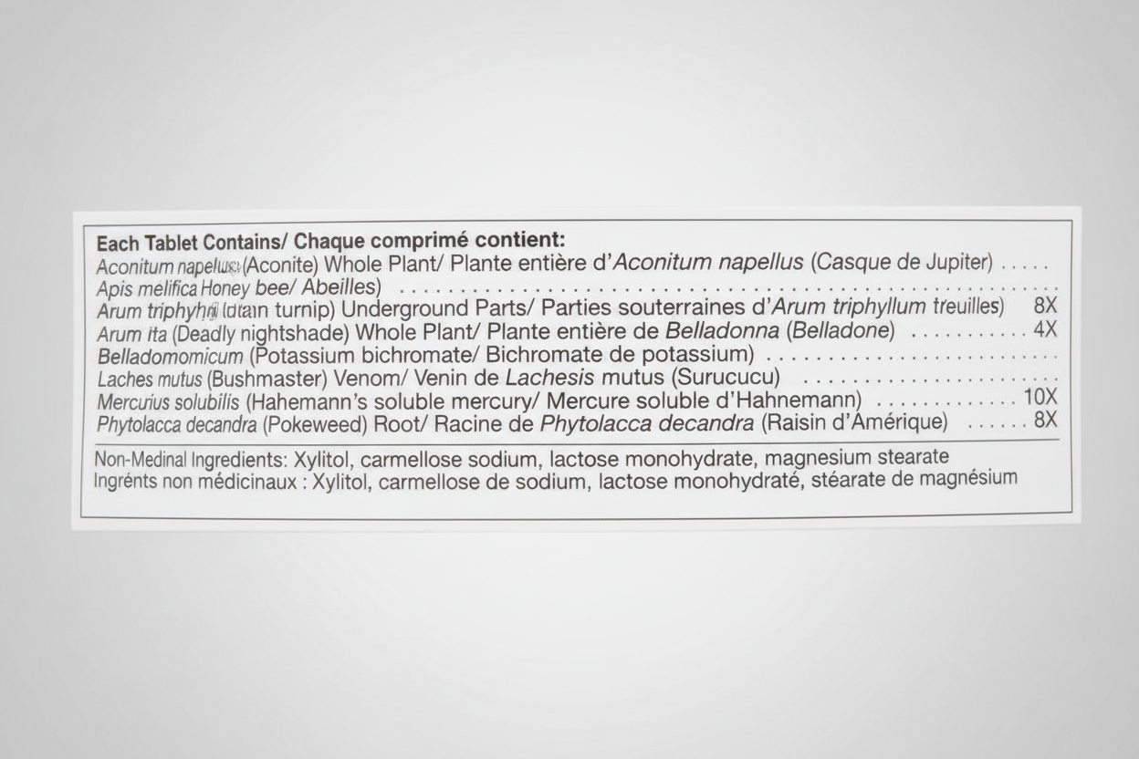 Product label with ingredient list and packaging details