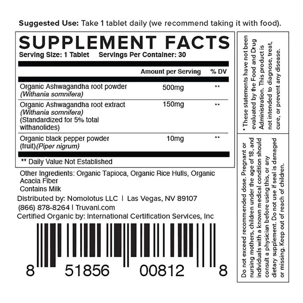 Truvani Organic Ashwagandha 30 Tablets