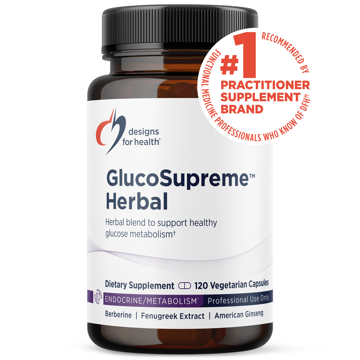 Designs for Health GlucoSupreme Herbal 120 Vegetarian Capsules front label