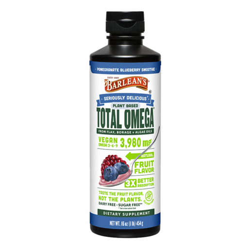 Barlean's Seriously Delicious Plant Based Total Omega Pomegranate Blueberry Smoothie 16 oz bottle