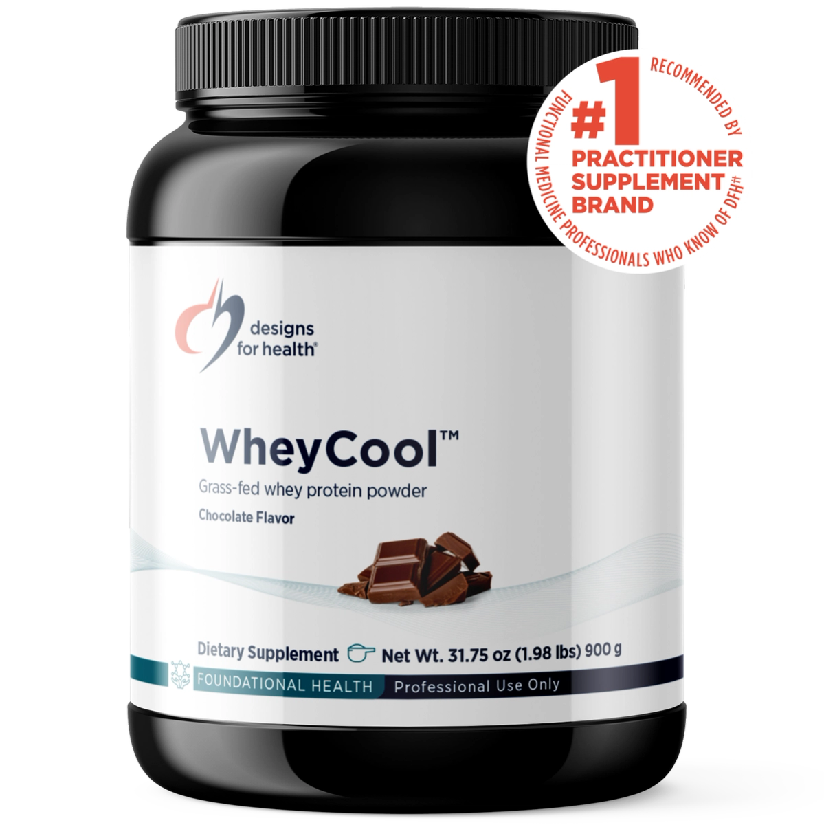 Designs for Health WheyCool Chocolate 31.75 oz (1.98 lbs) 900 g front label
