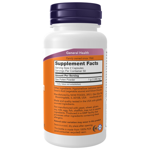 NOW Foods Bee Pollen 500 mg 100 Capsules bottle