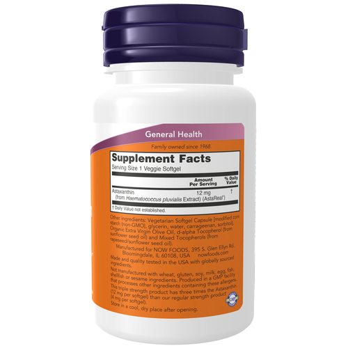 NOW Foods Astaxanthin 12 mg Triple Strength 60 Veggie Softgels | Antioxidant