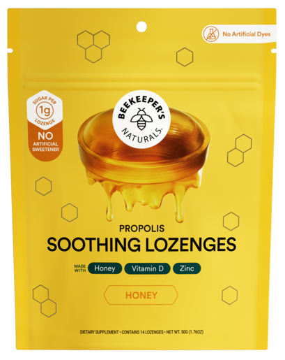 BeeKeeper's Naturals Propolis Soothing Lozenges Honey 14 Drops product packaging