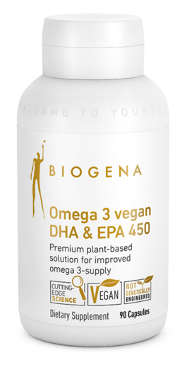 Biogena Omega 3 Vegan DHA & EPA 450 GOLD 90 Capsules — bottle packaging