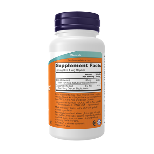 NOW Foods L-OptiZinc 30 mg with Copper 100 Veg Capsules | Zinc & Copper