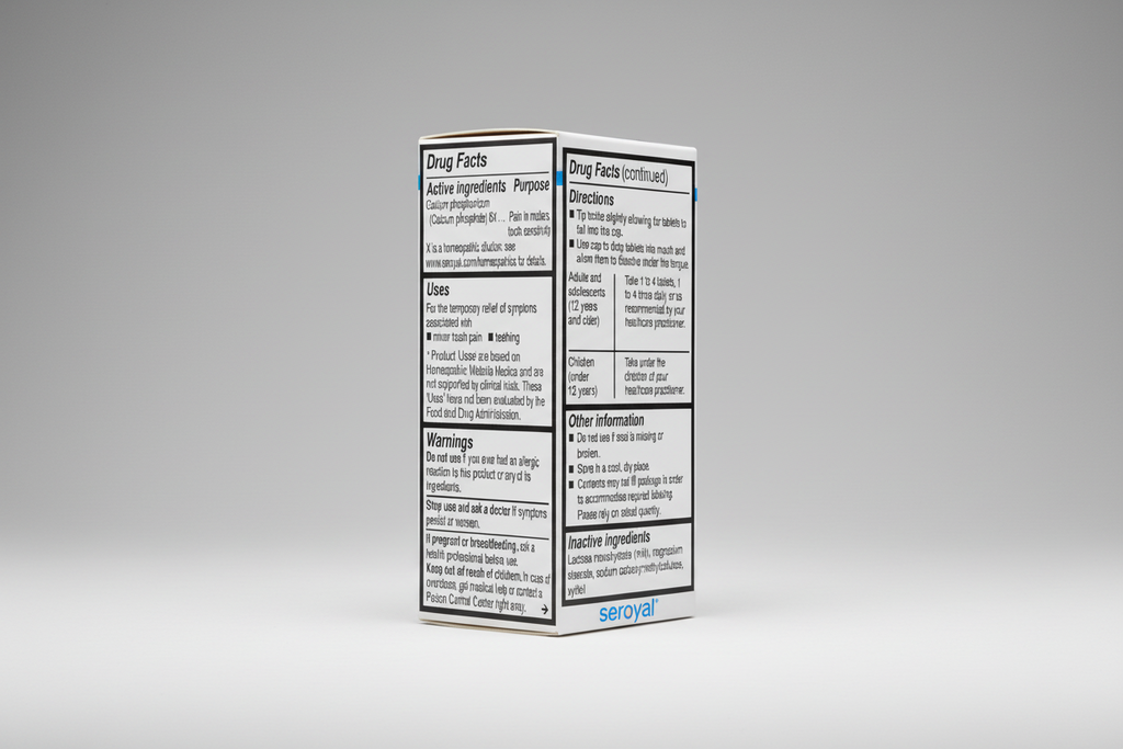 Drug facts label for a homeopathic product with active ingredients, uses, directions, warnings, and inactive ingredients.