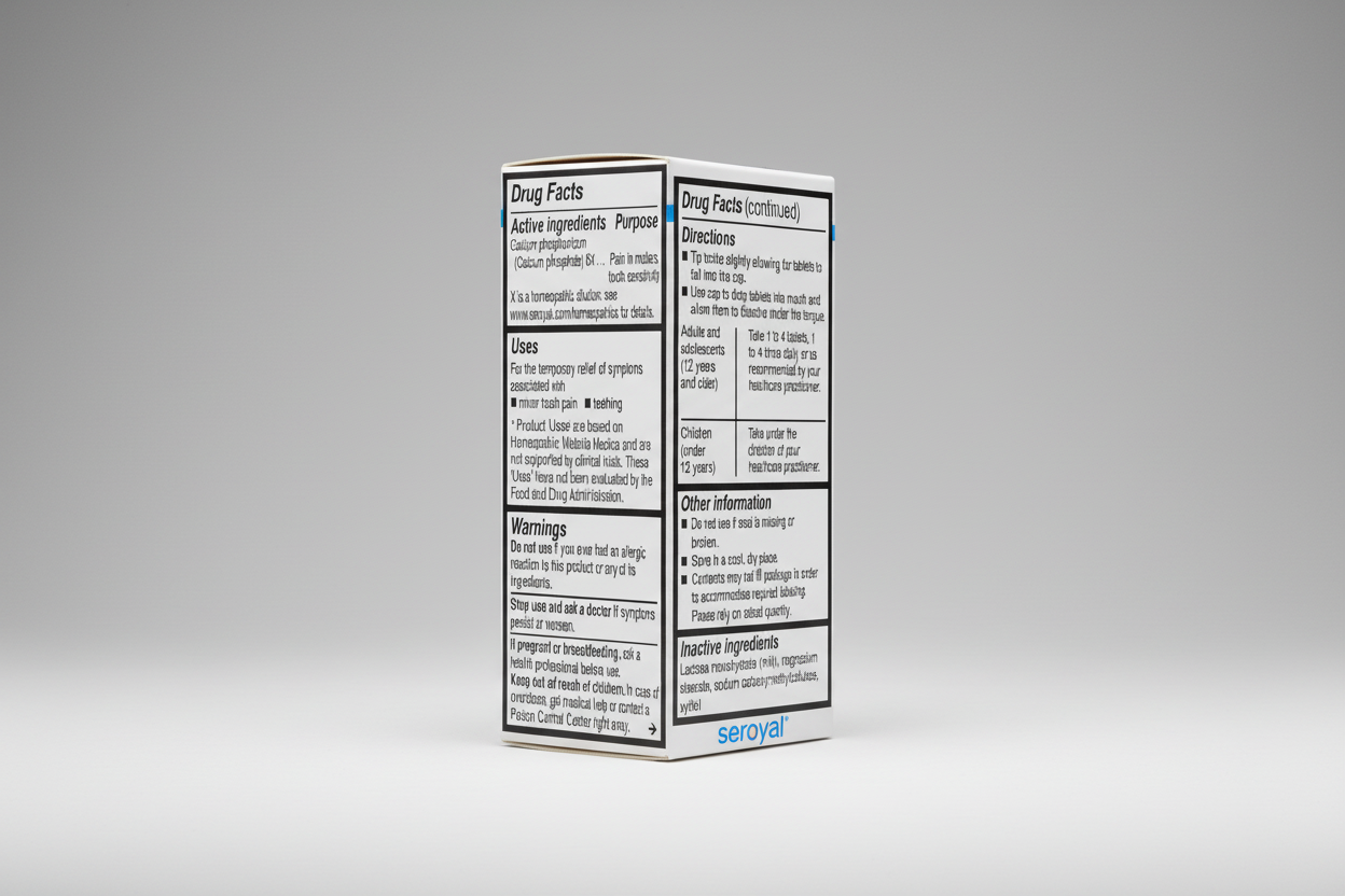Drug facts label for a homeopathic product with active ingredients, uses, directions, warnings, and inactive ingredients.
