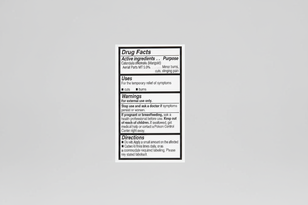 Drug facts label for a topical product with active and inactive ingredients, uses, warnings, and directions.