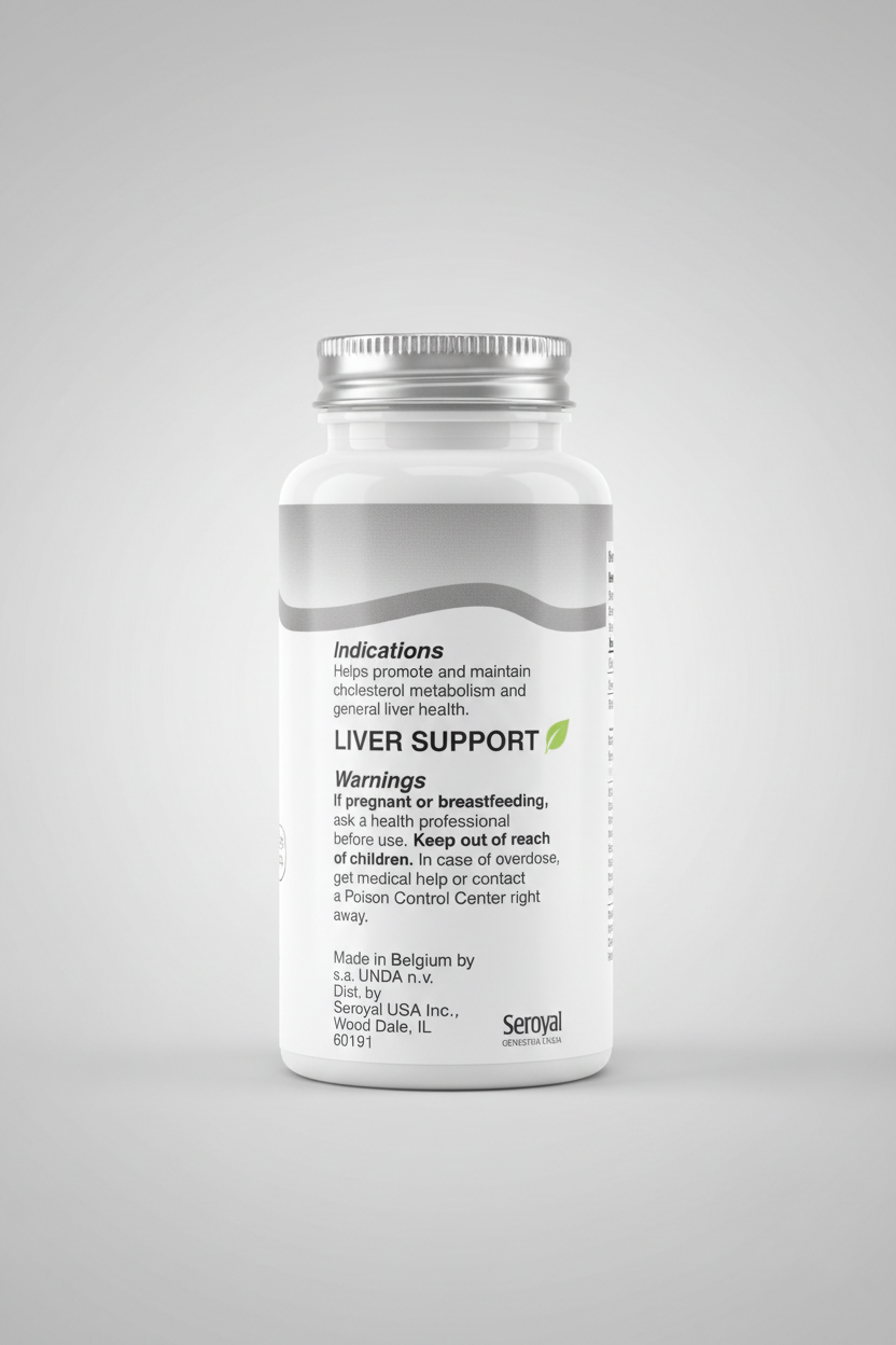 Medical label with text about cholesterol metabolism, liver health, and product details.