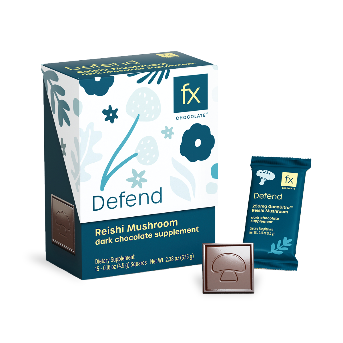Designs for Health Fx Chocolate Defend 15 count box front label