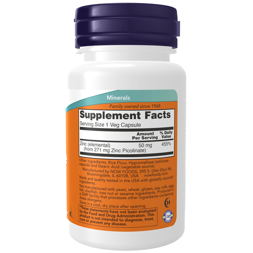 NOW Foods Zinc Picolinate 50 mg 30 VCaps | Highly Bioavailable Zinc