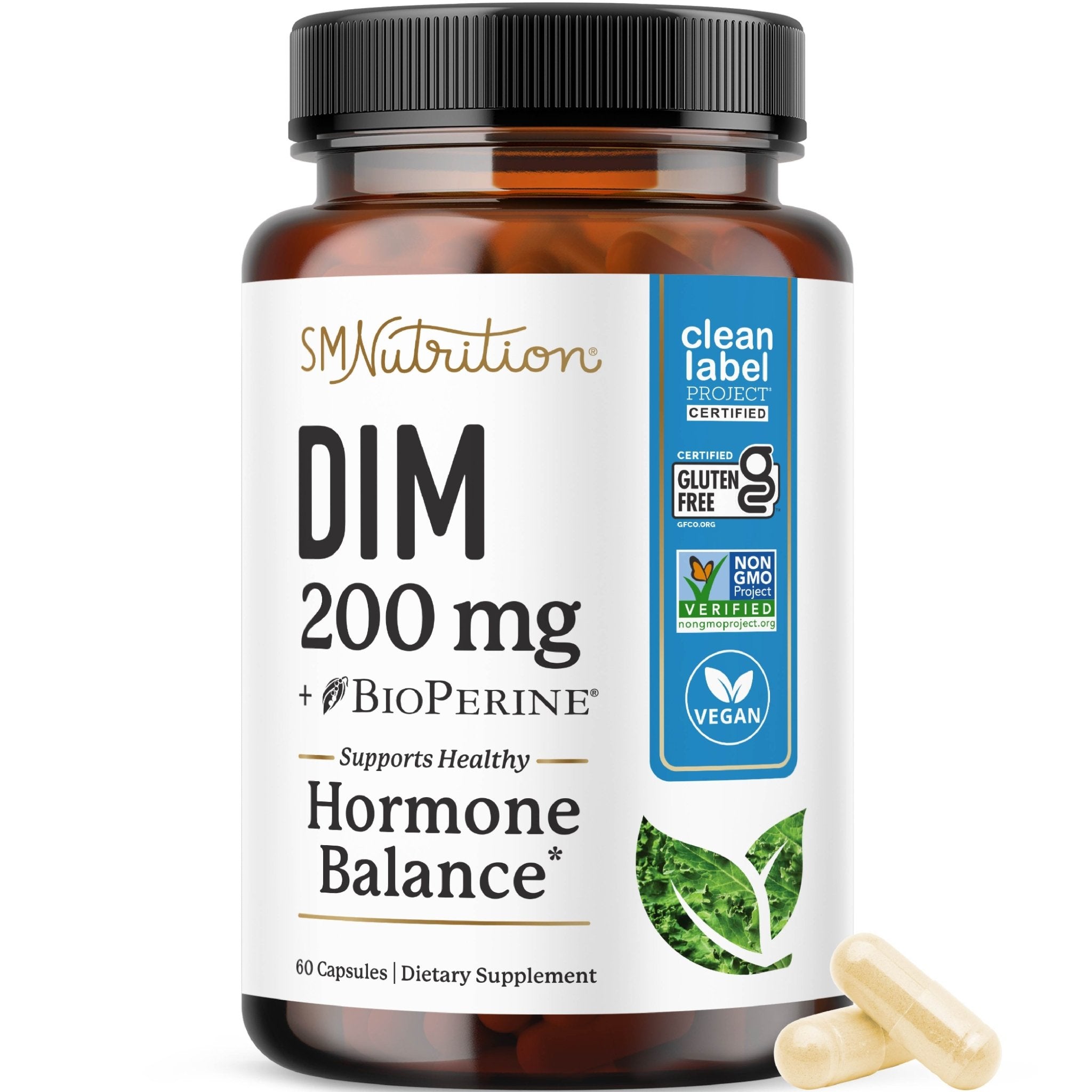SMNutrition DIM 200 mg + BioPerine 60 Capsules official front label