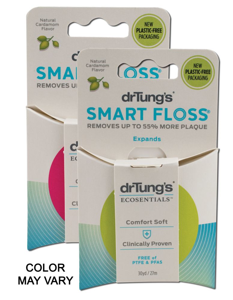 Dr. Tung's Smart Floss Cardamom 30-yard packaging showing assorted colors; one dispenser supplied