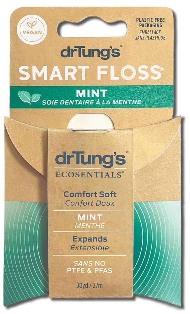 Dr. Tung's Smart Floss Mint 30-yard dispenser in green-accented paperboard packaging