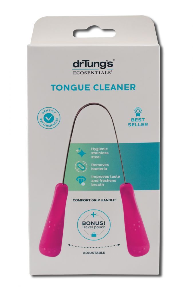 Dr. Tung's stainless steel tongue cleaner with pink handles in retail packaging; color may vary