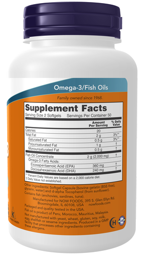 NOW Foods Omega-3 Fish Oil Molecularly Distilled 100 Softgels
