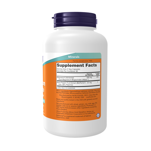 NOW Foods Magnesium Glycinate with BioPerine 180 Veg Capsules