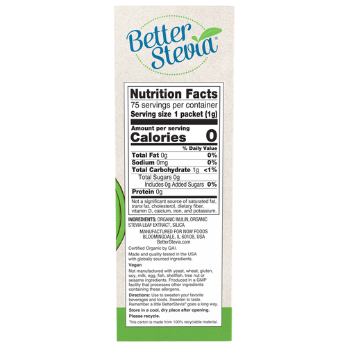 NOW Foods Organic BetterStevia Packets 75 Count | Zero Calorie Sweetener