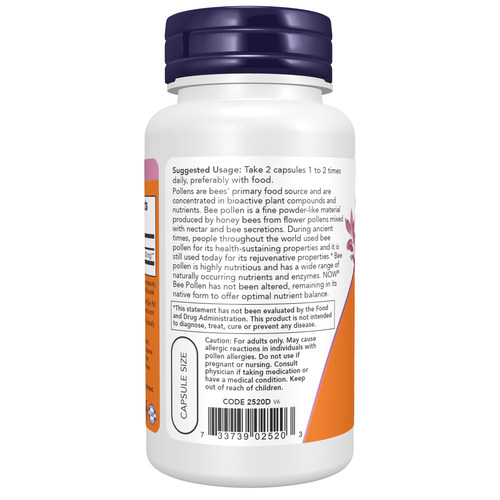 NOW Foods Bee Pollen 500 mg 100 Capsules bottle