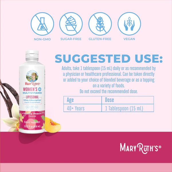 Mary Ruth's Women's Multivitamin Liposomal bottle with suggested use and product details on a pink background