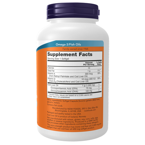 NOW Foods Cod Liver Oil Extra Strength 1,000 mg 180 Softgels