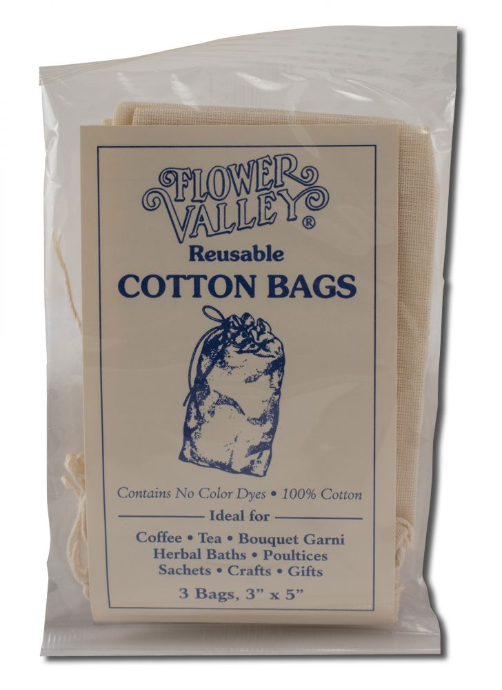 Flower Valley reusable cotton tea bags packaging, three 3-by-5-inch bags