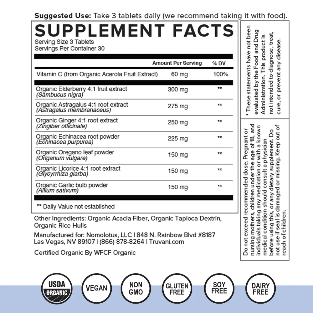 Truvani Immune Support With 8 Organic Botanicals 90 Tablets