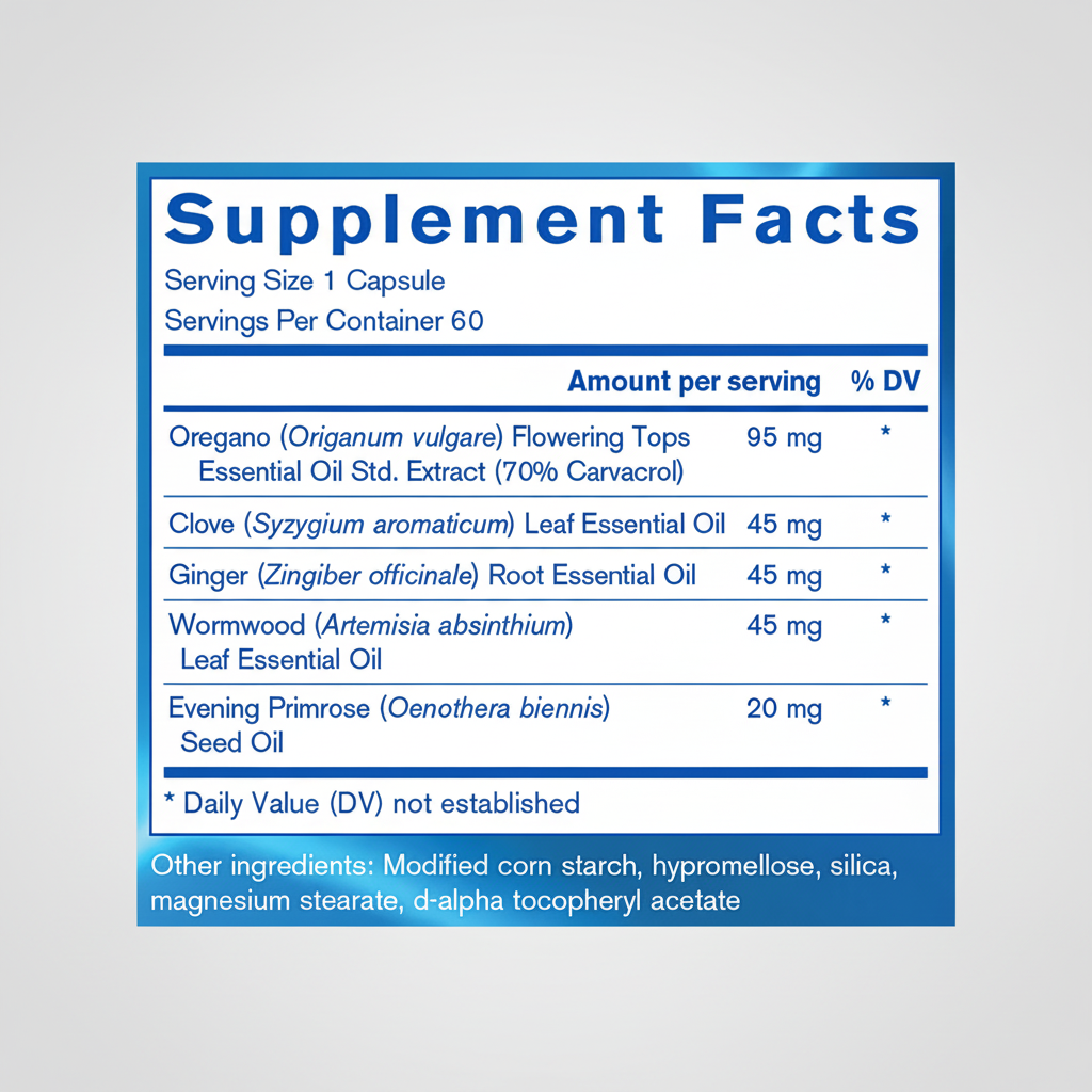 Supplement facts label with various essential oils on a white background