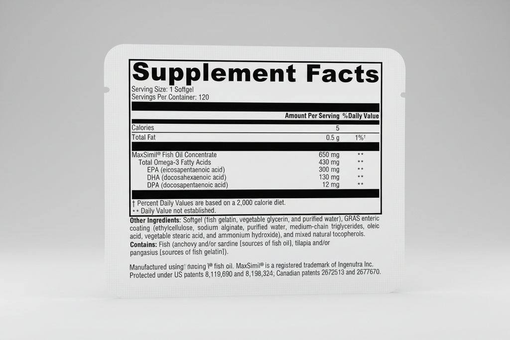 Supplement facts label for MaxSimil Fish Oil Concentrate