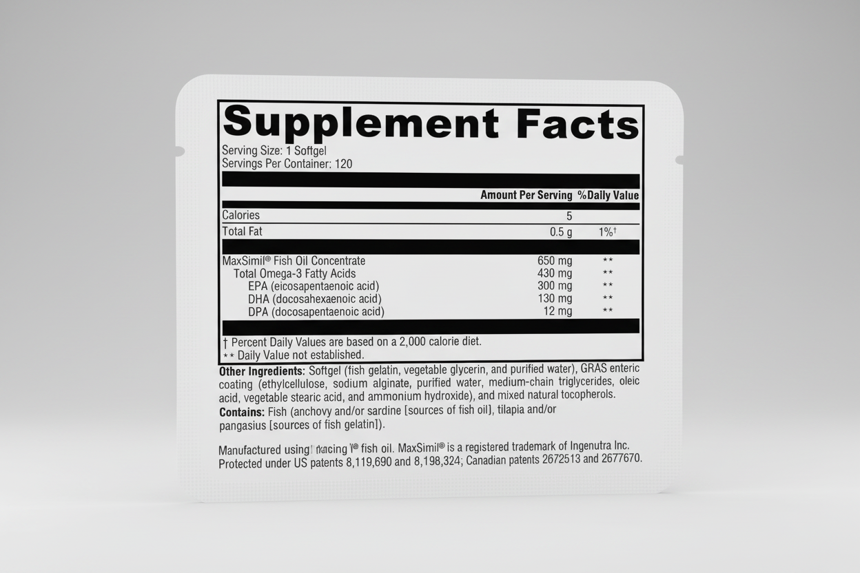Supplement facts label for MaxSimil Fish Oil Concentrate