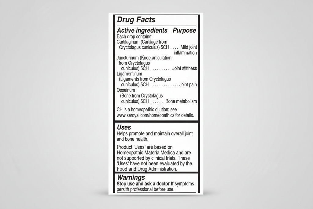 Drug facts label for a homeopathic product with active ingredients, purpose, uses, warnings, and contact information.