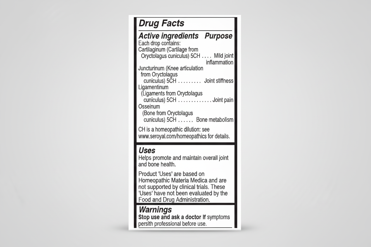 Drug facts label for a homeopathic product with active ingredients, purpose, uses, warnings, and contact information.