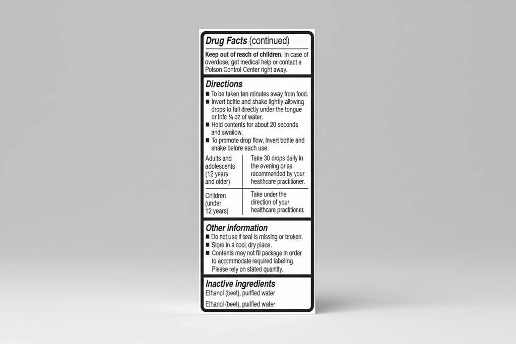 Drug facts label with directions and inactive ingredients on a white background