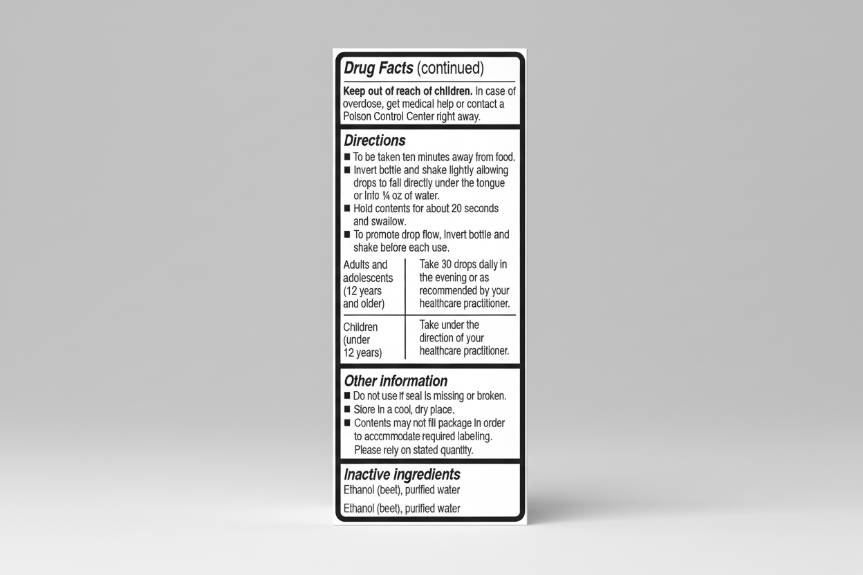 Drug facts label with directions and inactive ingredients on a white background