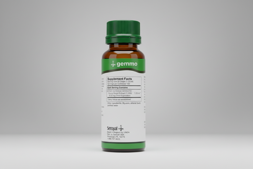 Serooyal gemmo supplement facts label with UNDA branding