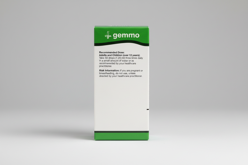 Gemmo UNDA supplement packaging with recommended dose and risk information.
