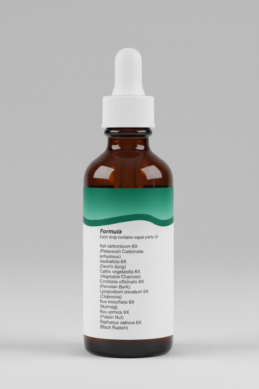 Product label with herbal formula details on a white background