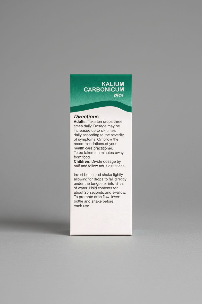 KALIUM CARBONICUM plex label with directions for use on a white background