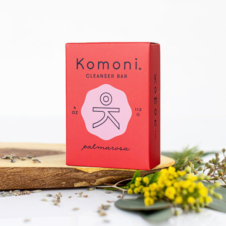 KOMONI Palmarosa Face & Body Soap Bar, 4 oz, product packaging