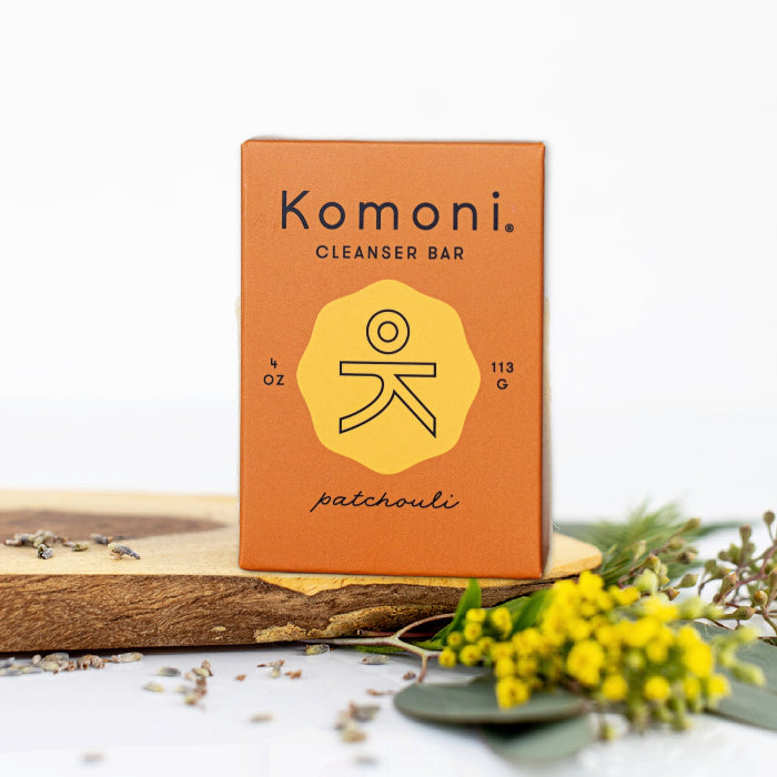 KOMONI Patchouli Face & Body Soap Bar, 4 oz, product packaging