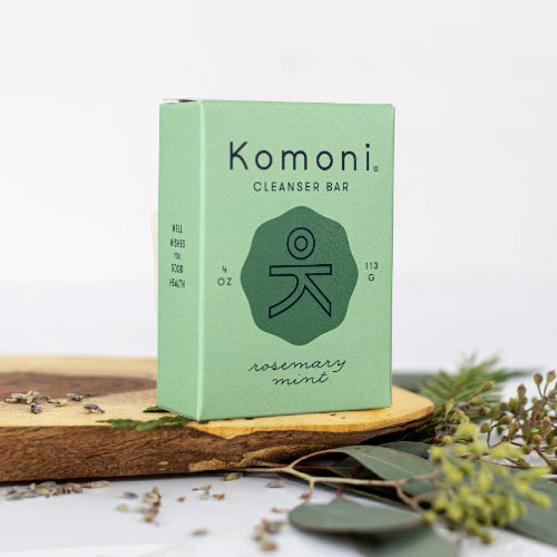 KOMONI Rosemary Mint Face & Body Soap Bar, 4 oz, product packaging