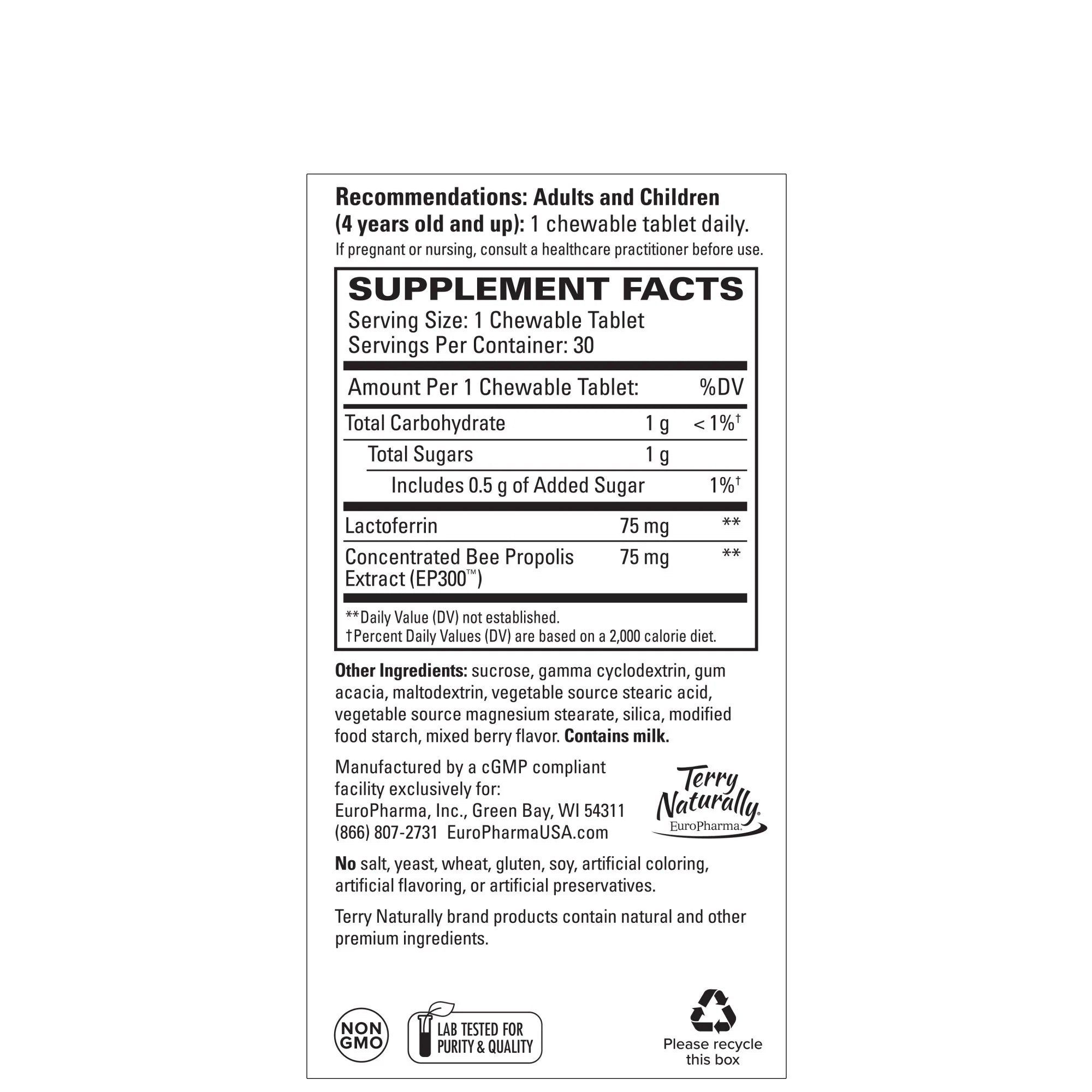 Terry Naturally Lactoferrin 30 Chewable Tablets