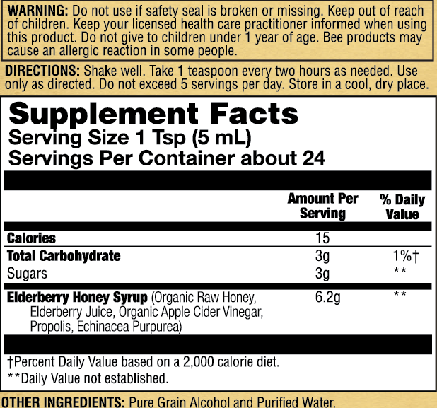 Honey Gardens 4 fl oz current supplement facts and warnings