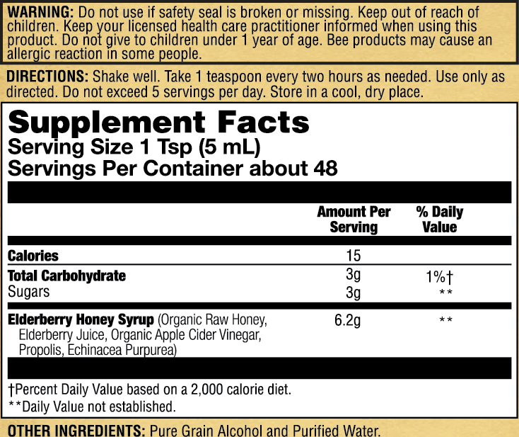 Honey Gardens 8 fl oz current supplement facts and warnings