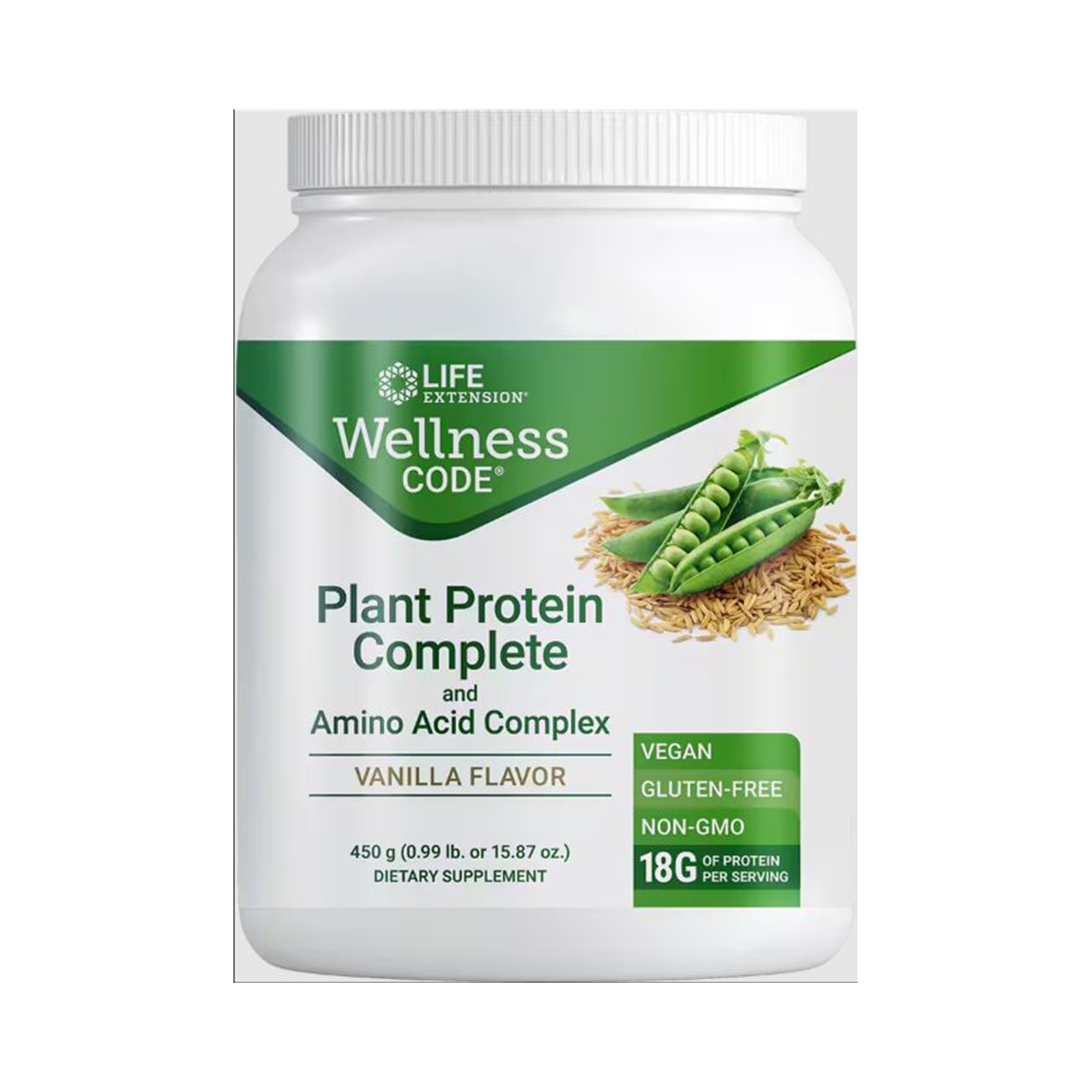 Life Extension Wellness Code® Plant Protein Complete & Amino Acid Complex (Vanilla) 450 grams official front image