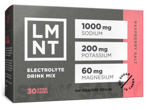 LMNT Raspberry Salt electrolyte drink mix, 30 stick packs