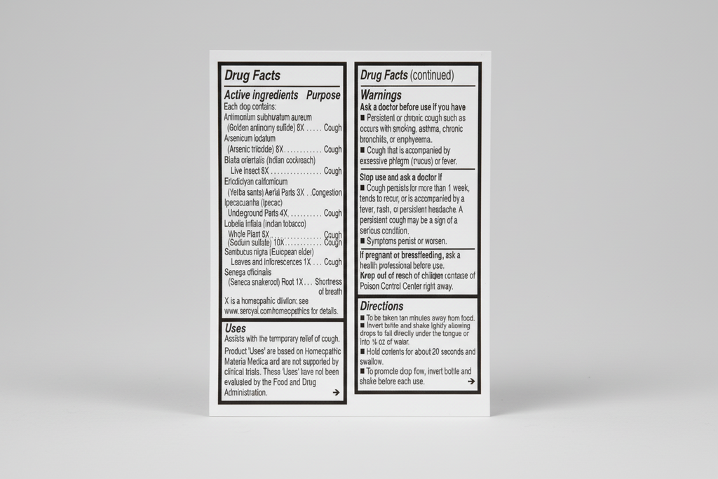 Drug facts label for a cough syrup with detailed ingredients, warnings, and directions.